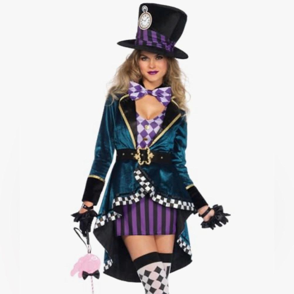 COSTUME WOMANS MAD HATTER LEG AVEMUE DELIGHTFUL HATTER COSTUME BLACK AND PURPLE - Picture 2 of 6